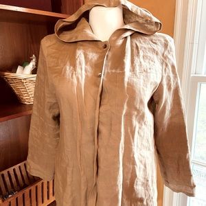 12P SAKS 5TH AVE BEIGE LINEN BUTTON DOWN SHIRT HOOD JACKET OVERPIECE POCKET EUC